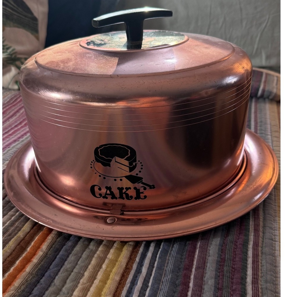 Vintage West Bend Copper Aluminum Cake Carrier Locking Lid Bakelite Handle Retro